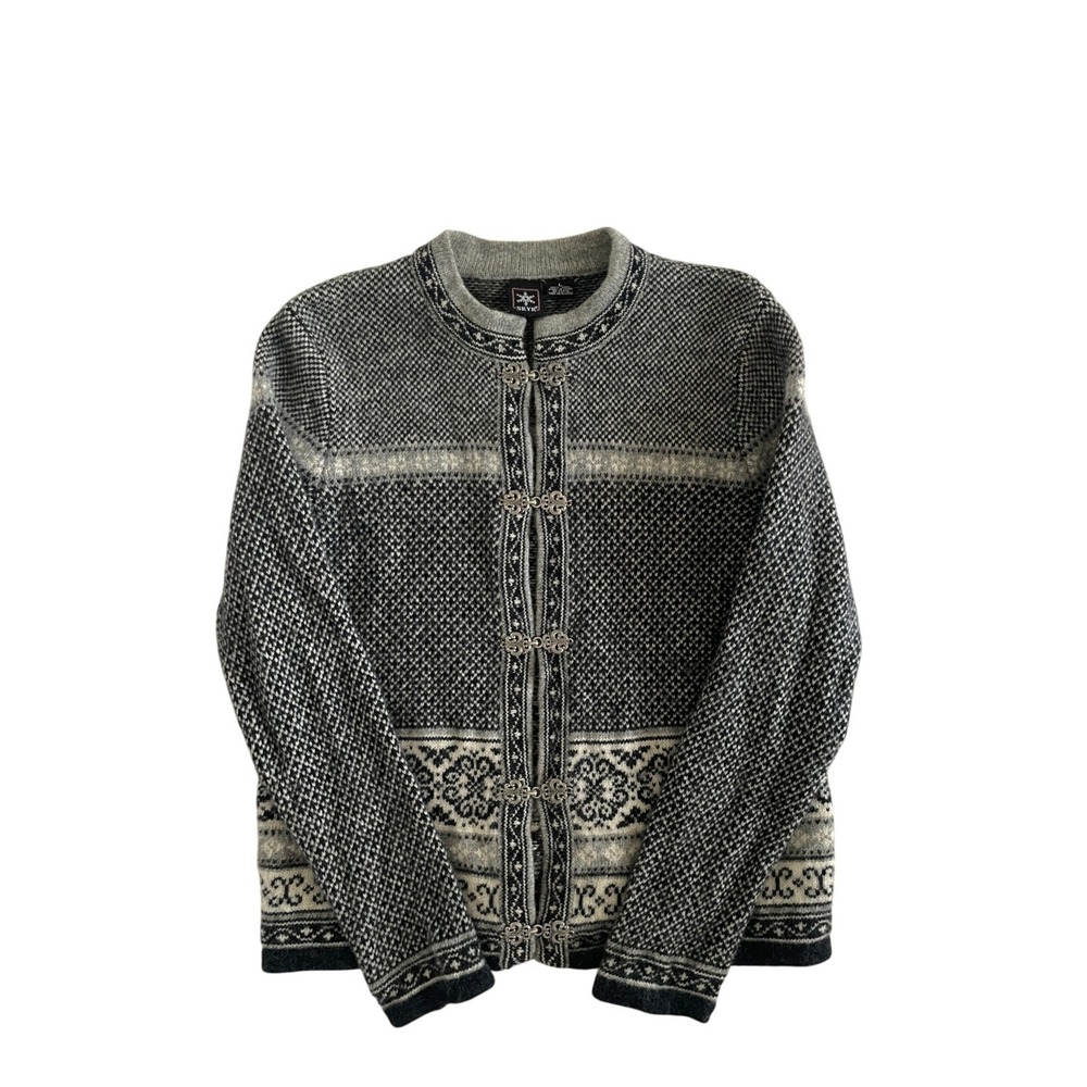 Wool Nordic Fair Isle Cardigan Sweater Metal Clasps Grey Black Size L SKYR